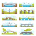 Bridges icons set of urban and suspension structure isolated vector illustrations. Bridged urban crossover architecture Royalty Free Stock Photo