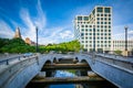 Bridges and modern building along the Providence River, in downtown Providence, Rhode Island.