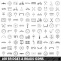 100 bridges and roads icons set, outline style Royalty Free Stock Photo