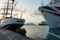 Aft part of The Sea Cloud II, large barque cruise ship and bow of Arvia passenger vessel of excellence-class. Royalty Free Stock Photo