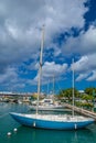 Bridgetown, Barbados, Caribbean - 22 Sept 2018: Sailing yachts moored in the downtown marina bay. Copy space. Vertical