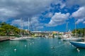 Bridgetown, Barbados, Caribbean - 22 Sept 2018: Sailing yachts moored in the downtown marina bay. Copy space