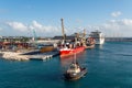 Bridgetown, Barbados - December 12, 2015: cargo barge ship with container in berth