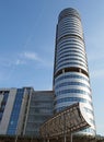 Bridgewater place the tallest commercial development in leeds with one of the wind deflectors on whitehall road against a blue