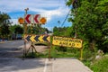 Bridgework ahead yellow sign on road construction site. South Asia economical development concept