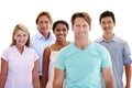 Bridging the gaps of society. Five smiling adults of varying ethnicities and ages standing in a group.