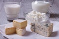 Brie, blue cheese, cottage cheese and milk on the table closeup