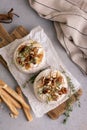 Brie or camembert cheese with thyme, nuts, honey and grissini breadstick Royalty Free Stock Photo