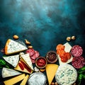 Brie cheese, blue cheese, gorgonzola, fuete, salami. Free space for text. Top view