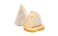 Brie cheese. Camembert cheese. Fresh Brie cheese on a piece of bread. Baguette crackers.