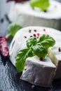 Brie cheese. Camembert cheese. Fresh Brie cheese and a slice on a granite board with basil leaves four colors peper and chili pepe Royalty Free Stock Photo