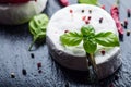 Brie cheese. Camembert cheese. Fresh Brie cheese and a slice on a granite board with basil leaves four colors peper and chili pepe Royalty Free Stock Photo