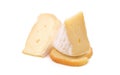 Brie cheese. Camembert cheese. Fresh Brie cheese on a piece of bread. Baguette crackers.