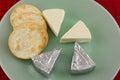 Brie cheese slices and crackers on plate Royalty Free Stock Photo