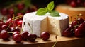 Brie cheese with a soft, pale interior and a white, bloomy rind, rich aroma and buttery flavor