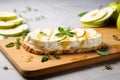 brie and pear sandwich on a ceramic board