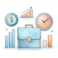 briefcase clock bar graph pie chart business, organization efficiency productivity management