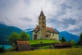 view of the church in the town of Brienz, in the canton of Bern, Switzerland Royalty Free Stock Photo