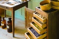 Ancient chest of drawers with medicinal herbs in Ballenberg museum Brienz