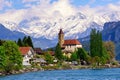 Brienz town near Interlaken and snow covered Alps mountains, Switzerland