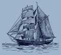 Brig-schooner, brigantine on wavy sea