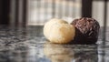 brigadeiro and beijinho, Brazilian sweets on a white plate, selective focus and copy space