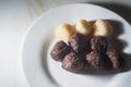 brigadeiro and beijinho, Brazilian sweets on a white plate, selective focus and copy space