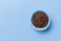 Brigadeiro is a chocolate truffle from Brazil. Cocoa and sprinkles of chocolate. Children birthday party sweet. Top view of candy