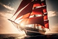 Brigantine with scarlet sails among sea waves, realistic illustration. Generative ai