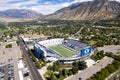 Brigham Young University's Lavell Edwards Stadium at base of Wasatch Range of rocky mountains, Utah