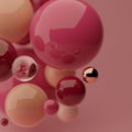 Bright abstract background with colorful glossy spheres on pink. 3d render template.
