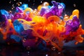 Bright abstract background. Multicoloured vivid liquid in motion and weightlessness. Drops and splashes of acrylic paint in