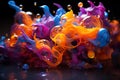 Bright abstract background. Multicoloured vivid liquid in motion and weightlessness. Drops and splashes of acrylic paint in