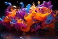 Bright abstract background. Multicoloured vivid liquid in motion and weightlessness. Drops and splashes of acrylic paint in