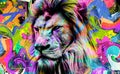 Bright abstract colorful background with lion, paint splashes art design