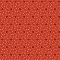 Bright abstract geometric fabric pattern with blue, yellow, white and black polka dots on rustic orange red background Royalty Free Stock Photo