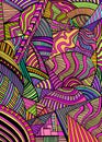 Bright abstract geometric shapes from triangles, ellipses with many patterns, doodle psychedelic art colorful background