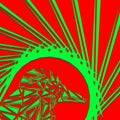 Bright abstract green bird on a red background in the nest Royalty Free Stock Photo