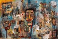 Bright abstract painting of various portraits