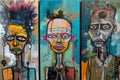 Bright abstract painting of various portraits