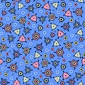 Bright abstract pattern. Seamless vector with different pink and blue elements on blue background. Items scattered