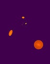 Orange discs, spheres, shapes floating in deep purple space.
