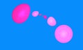 Bright abstract poster in retro style. Pink discs, spheres, ovals and amorphous shapes floating in deep aqua blue space.