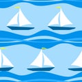 Bright abstract seamless background with blue waves and sailboats. Vector design