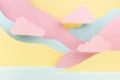 Bright abstract stage mockup - paper landscape with pastel pink clouds, mountains pink, yellow, mint color in modern vaporwave sty Royalty Free Stock Photo