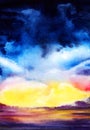 Bright abstract watercolor background. Scenery. Colorful sunset sky cumulus clouds. gradient from blue to yellow, pink, purple. Royalty Free Stock Photo