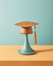 Bright Achievement: Beige Leather Graduation Hat on Wooden Holder in Warmly Lit Room