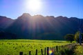 Bright afternoon sun over majestic ridge of Te Mata above lush green of the valley. Breathtaking veiw of Hawkes Bay Royalty Free Stock Photo
