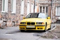 Bright aggressive classic yellow car, travel day