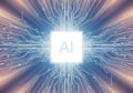 Bright ai chip emanating digital energy with circuitry patterns zooming outward Royalty Free Stock Photo